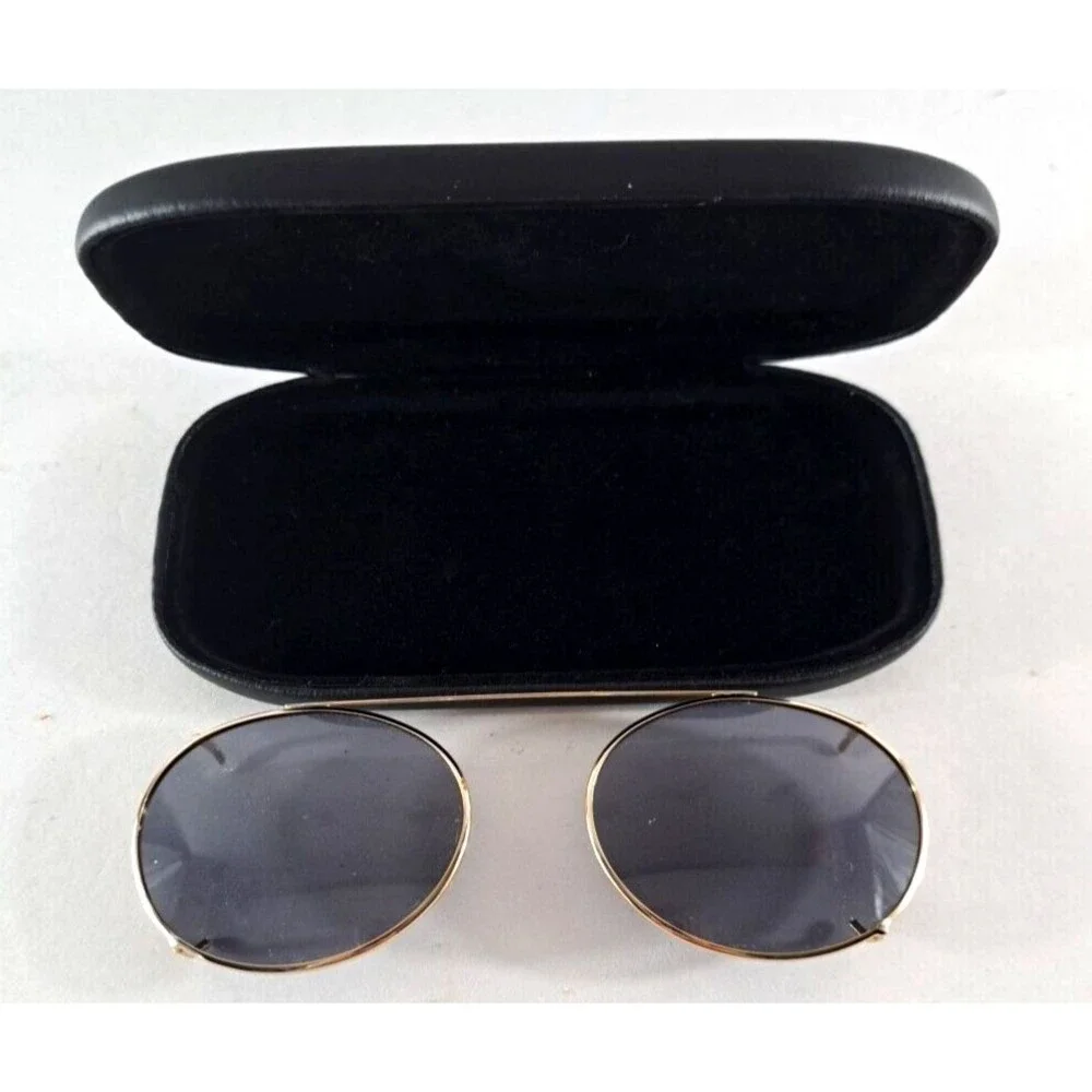 Vintage Clip On Sunglasses Oval Gold Tone Metal Frames Smoky Gray Lens W Case